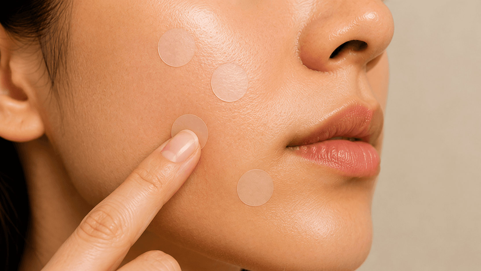 Hydrocolloid pimple patches applied to facial skin