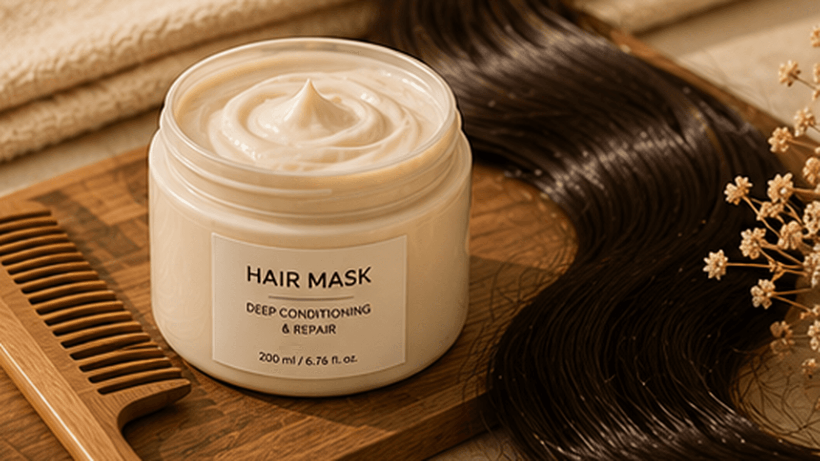 Hair mask jar with comb and dark hair