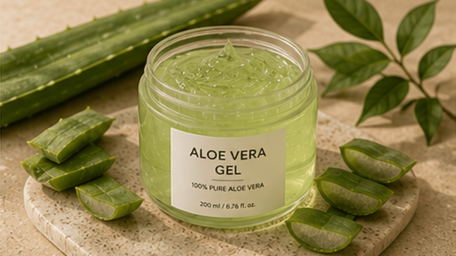 Aloe vera gel with fresh aloe leaves