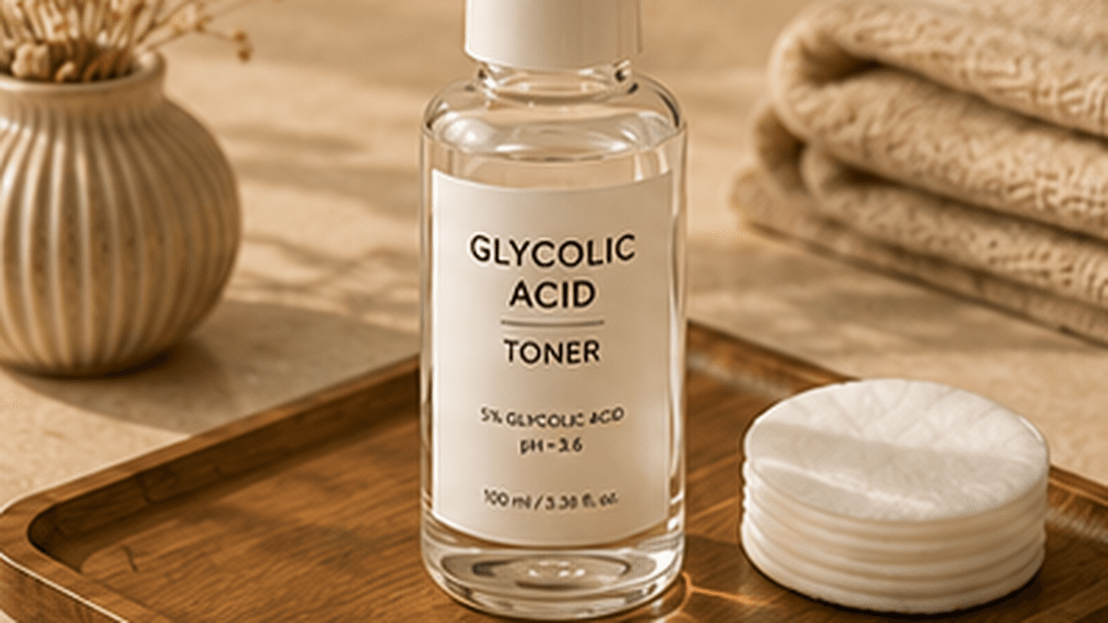 Glycolic acid toner bottle with cotton pads
