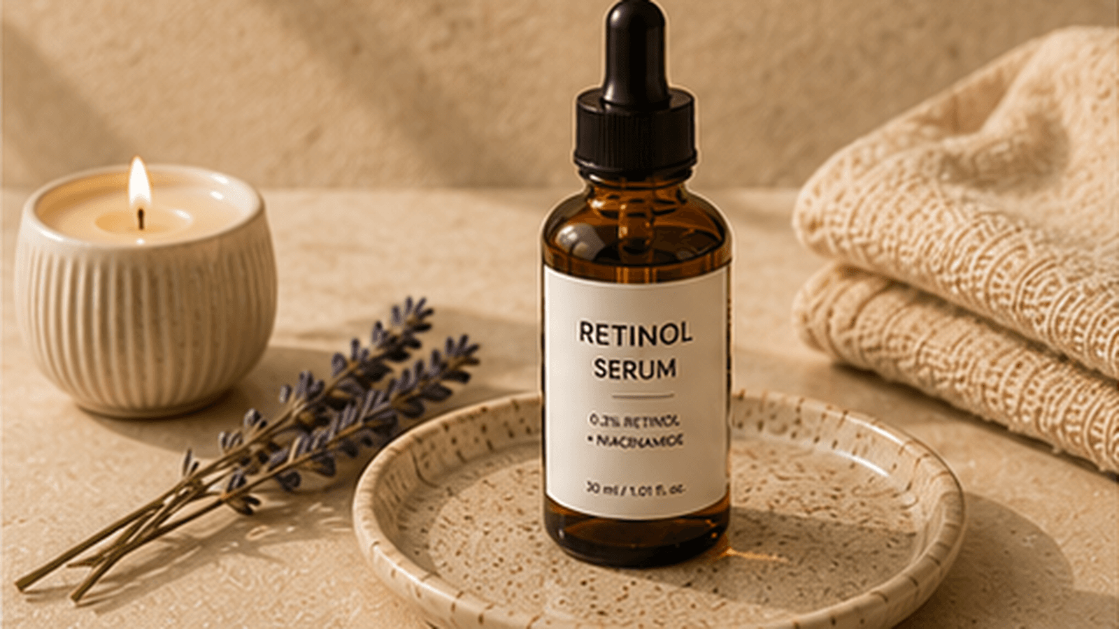 Retinol serum bottle in a nighttime skincare setting