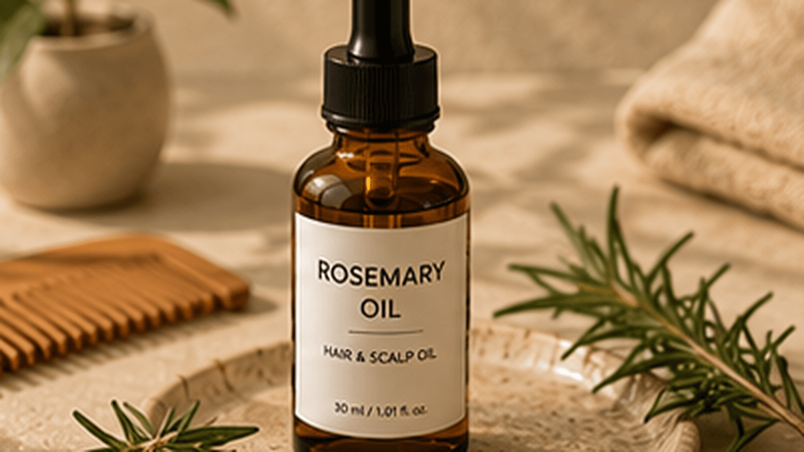 Rosemary oil bottle with rosemary sprigs