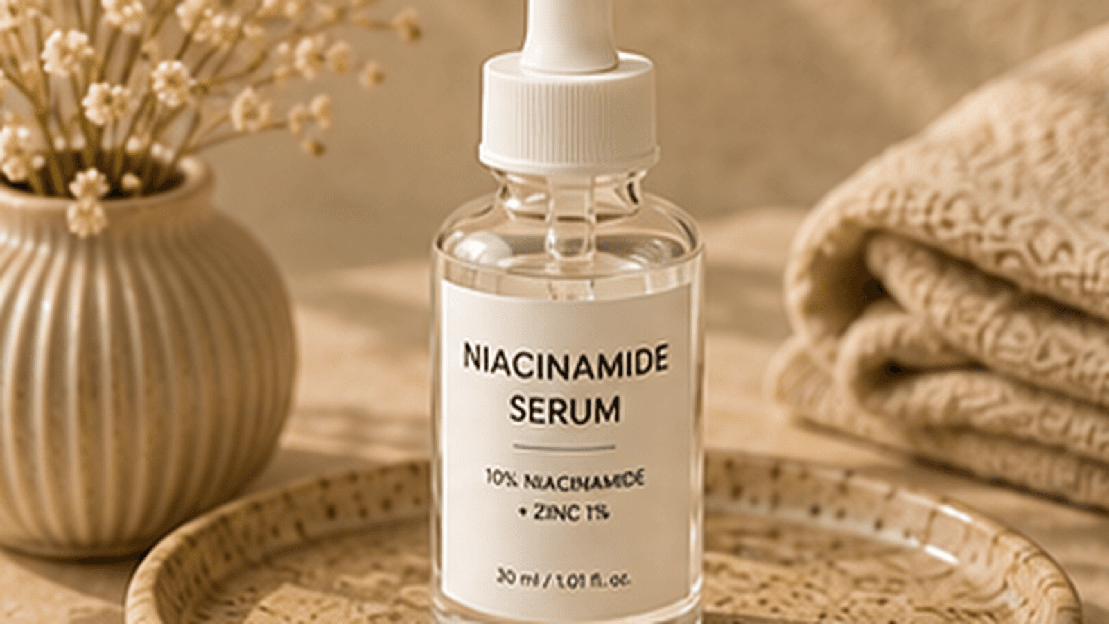 Niacinamide serum bottle in a skincare setting
