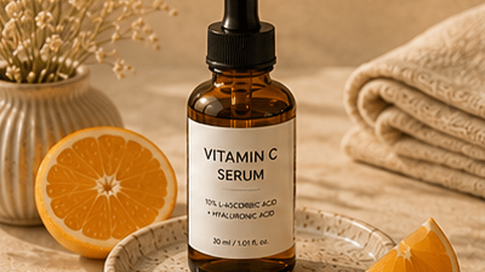 Vitamin C serum bottle with orange